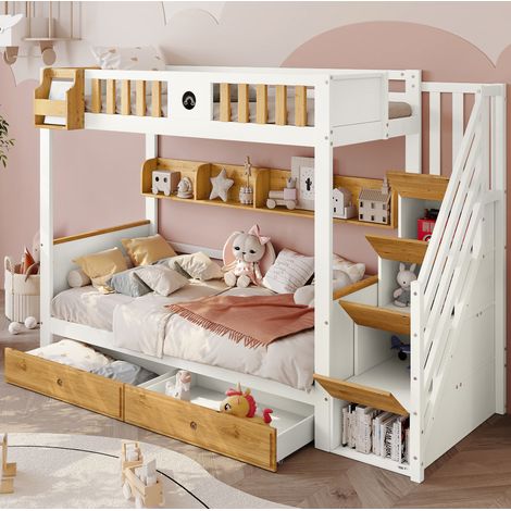 Etagenbett Kinder mit Stauraumtreppe, Massivholz und MDF weiß+natur 90x200 cm mit Schubladen, Regal und Tafel (1/5)