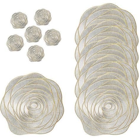 Lot de 12 sets de table et sous-verres ronds Fanquare dorés à motif rose pour la décoration de table (1/5)