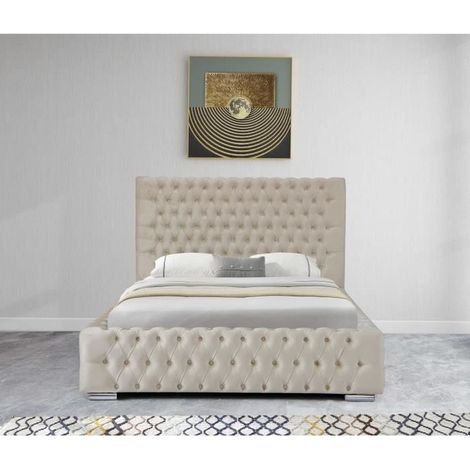 Lit Coffre en Velours Capitonné avec Tête de lit + Sommier - Modèle Saba 2 180 x 200 cm - Beige (1/4)