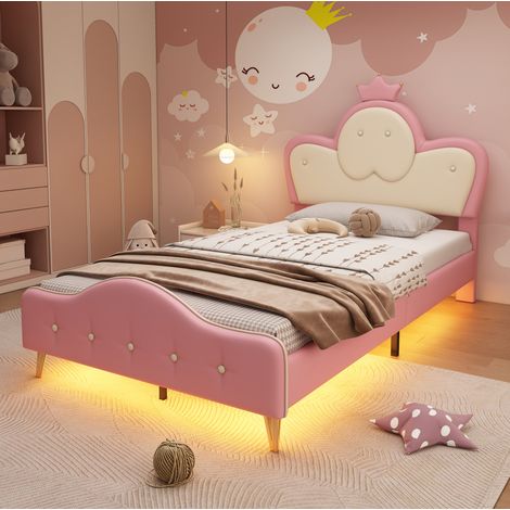 MEUBLIV Bettgestell 90x200 cm Weiß+Rosa – LED-Lichtleiste, ohne Matratze (1/5)