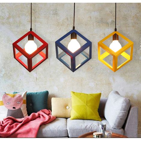 Modern Colorful Pendant Light Cube Shape Pendant Lights Vintage Retro Ceiling Lamp Red (1/5)