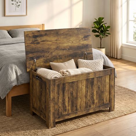 Coffre de rangement avec couvercle à charnières, coffre à jouets avec charnières de sécurité, marron rustique (1/5)