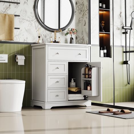 Mobile lavabo 76x46x87 cm in MDF e ceramica bianco, con contenitore per bagno FloraGrace (1/5)