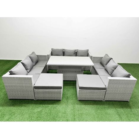 Fimous 6 PCs Rising Dining Table Set Rattan Furniture Set with 3 Seater Sofa 2 Big Footstool Light Grey (1/5)
