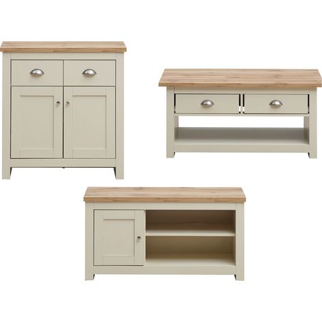 3 Piece Cream Living Room Set TV Unit Sideboard Coffee Table Storage Oak Rustic (1/5)
