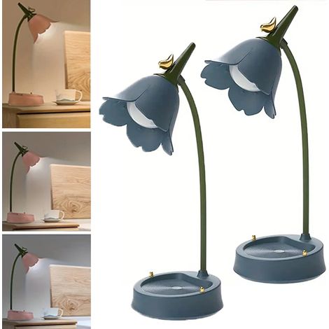 2 bleu lampe de table LED en forme de fleur, lampe de table sans fil, tactile à intensité variable, 3 niveaux de température de couleur 3000-6000 K (1/5)