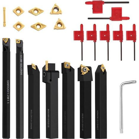 22 Pièces Ciseaux de Tournage Kit, Inserts en Carbure Avec Porte-Outil et Clé, 12mm Jeu Outil de Tournage de Tour, Outils Tour a Metaux Accessoires
