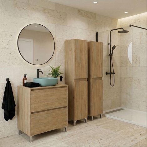 Ensemble meuble vasque à poser L.60cm + 2 colonnes sur pied 2 tiroirs Chêne naturel LISBONA (1/5)