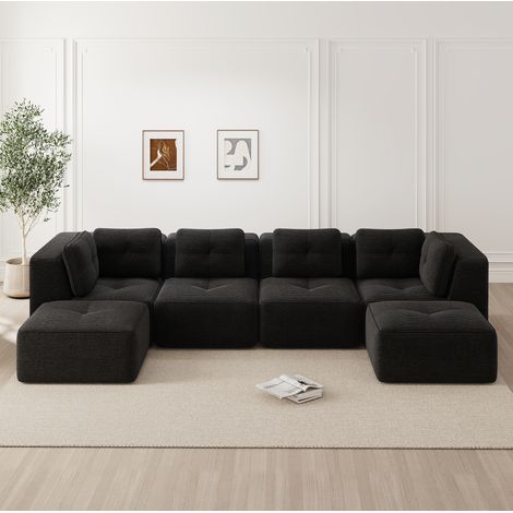 Sofá rinconero modular en U con otomana, 386 x 177 x 69 cm, sin montaje, negro DESVIAE (1/5)