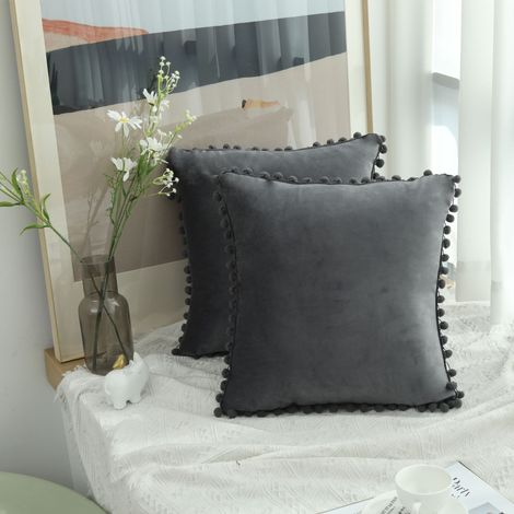 Federa per cuscino in velluto con nappe, morbida e liscia, federa decorativa quadrata per divano, soggiorno, camera da letto, grigio, 18 pollici