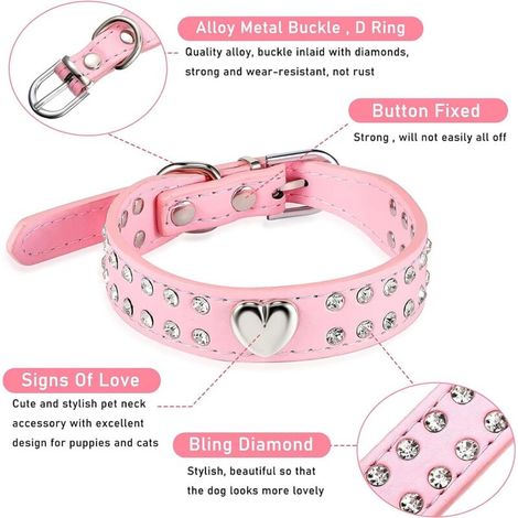 Collare per cani regolabile con cristalli, collare per animali domestici con strass scintillanti, collare per cani in pelle sintetica con cuoricini per cani di piccola e media taglia (rosa) (1/4)
