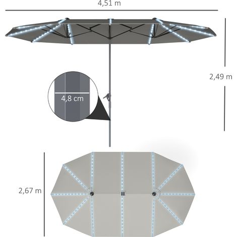 Double parasol avec LED solaire 451x267cm, aluminium, protection UV 50+, manivelle, gris foncé