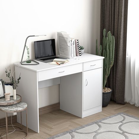 Bureau moderne pour ordinateur avec 2 tiroirs et 1 placard. Bureau en bois peu encombrant avec étagère intégrée, idéal pour le bureau ou la chambre. Blanc.
