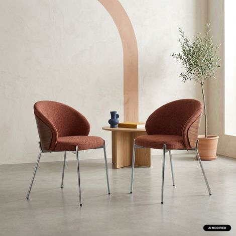 sweeek - Lot de 2 chaises bois de peuplier teinté noyer. acier chromé et tissu texturé terracotta - Paul (1/5)