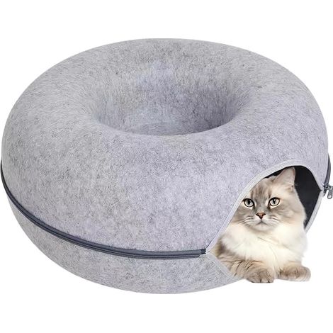 Donut-Katzenbett – 1-teilig – Atmungsaktiver Filz – Herausnehmbarer Spieltunnel – Komfortable Innennische – 60 x 60 x 28 cm, Grau (1/5)