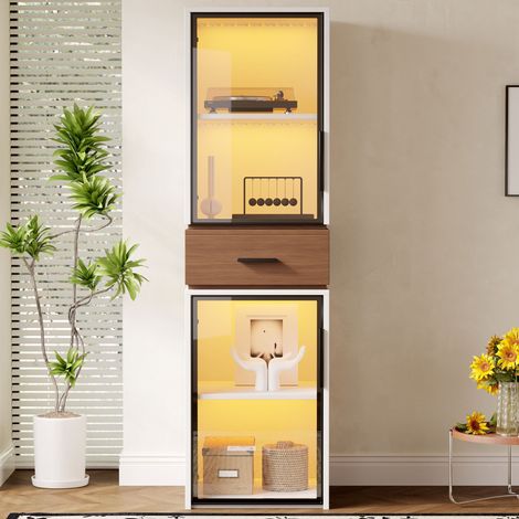 Vitrine aus MDF in Weiß 40 x 40 x 200 cm mit 2 Türen aus Sicherheitsglas, 1 Schublade und LED-Beleuchtung