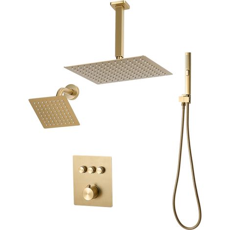 Thermostat-Duschset mit 305-mm-Regenduschkopf, doppelter Regenbrause, 152-mm-Wandkopf und 2-in-1-Handbrause in gebürstetem Gold (1/5)