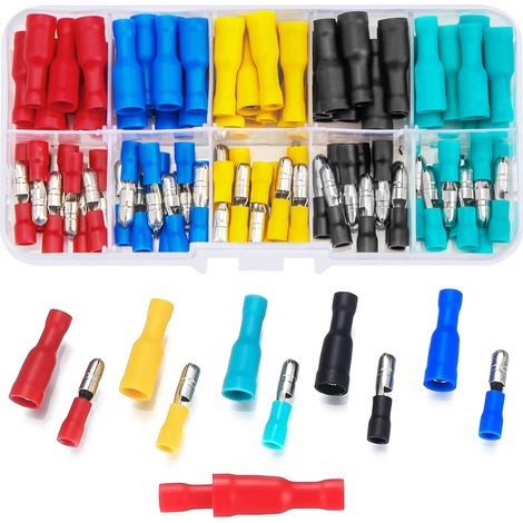 100 Pièces Cosses a Sertir Electriques Plate, Connecteur Electriques Mâles et Femelles Isolée, Cosse Electrique Cylindriques pour Voiture (1/5)