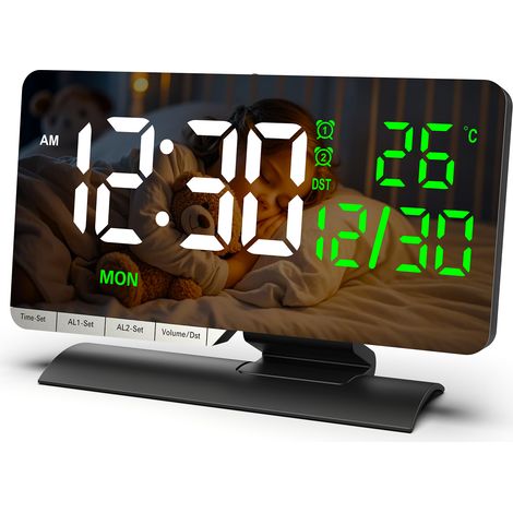 Horloge de bureau numérique grand écran de 6,6", double réveil avec température intérieure/date, ports de charge USB/Type-C, variateur à 6 niveaux, 5 réglages de volume, DST, snooze, mode semaine/week (1/5)