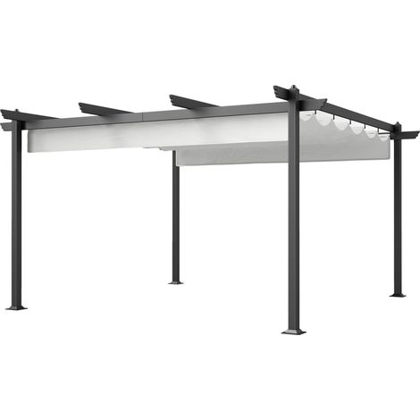 Weiße 4x4m Pergola und Pavillon – Einziehbares Dach – 8 Schrauben + 8 Aluminiumpfosten – Polyester und Metall – Komplettset