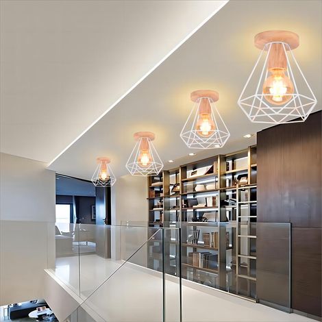 4 Pack Retro Diamond Ceiling Light Industrial Metal and Wood Cage E27 40W Ceiling Lamp for Corridor Stairs Bedroom Entrance White (1/5)
