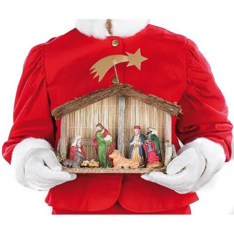 Crèche de Noël - - Étable en bois, bambou et mousse - Figurines en porcelaine - 200 x 300 x 100 mm (1/4)