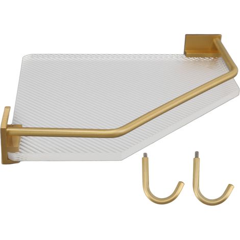 Étagère d'angle murale en acrylique doré, sans perçage, avec crochet, idéale pour la salle de bain et la cuisine. (1/5)