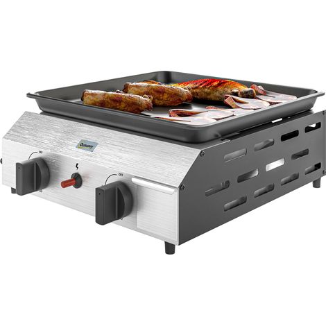 Barbecue à gaz 8000 BTU/2,4 kW sur chariot, avec 2 brûleurs en acier inoxydable et régulateur de pression. Dimensions : 44 x 44,5 x 19 cm. Coloris argent et noir. (1/5)