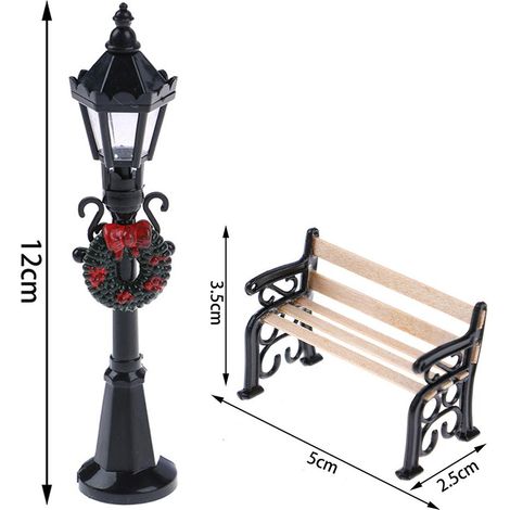 Lot de 2 mini lampadaires de Noël, bancs de parc, mini-lampadaires, accessoires pour maison de poupée, village de Noël, allée et jardin féerique (1/5)