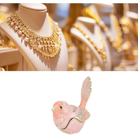 Boîte à bijoux en métal émaillé rose, ornée de cristaux et décorée d'oiseaux. (1/5)