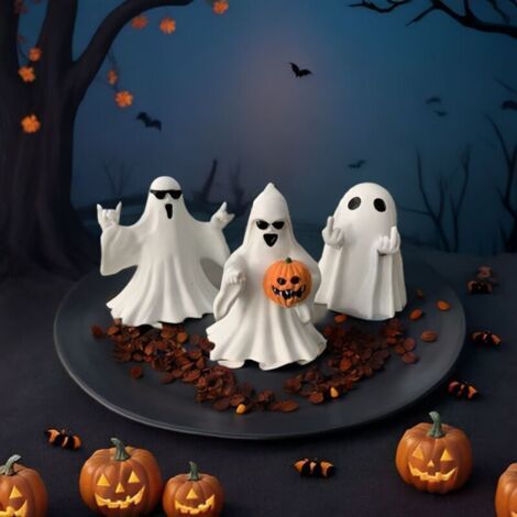Décoration d'Halloween en 3 pièces : fantôme citrouille, fantôme avec doigt d'honneur et fantôme avec lunettes de soleil. Décoration originale pour Halloween, porche et intérieur.