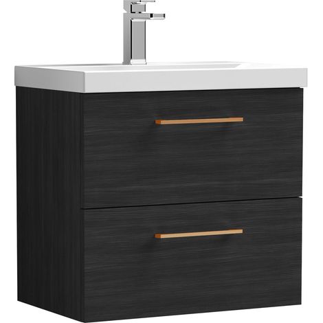 Balterley 600mm Wall Hung Bathroom 2 Drawer Vanity Unit and 1 Tap Hole Ceramic Basin, Woodgrain Black with Copper Handles