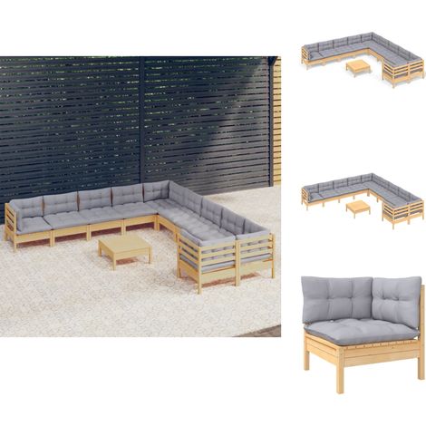 Gartenmöbel-Sets - Living 11-tlg. Garten-Lounge-Set mit Grauen Kissen Kiefernholz (1/5)
