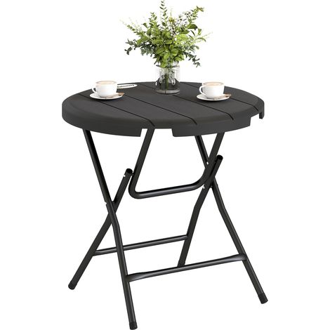 Table de jardin. Rond. pliable. Pour 4 personnes. Regarde du bois. Acier + plastique. gris foncé. 80 x 80 x 73 cm (1/5)