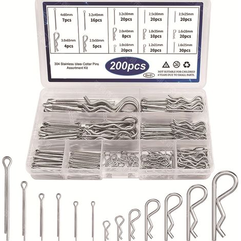 Ensemble de 200 goupilles et épingles à cheveux - Goupilles en acier inoxydable 304 et clips de type R, goupilles à tête plate monotrou galvanisées (1/4)