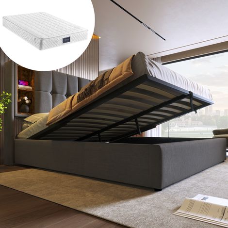 Cama tapizada moderna 160x200 cm con colchón, arcón con pistón de elevación, cabecero con estantes y carga inalámbrica USB/USB-C, gris (1/5)