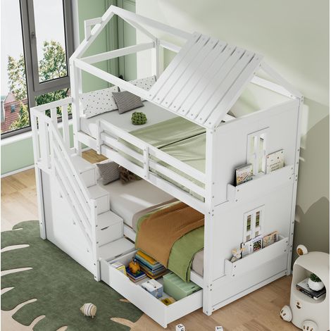 Cama litera infantil con techo, pino y MDF blanco 90x200 cm, con escalera con almacenaje, cajones, estantes y somier de láminas