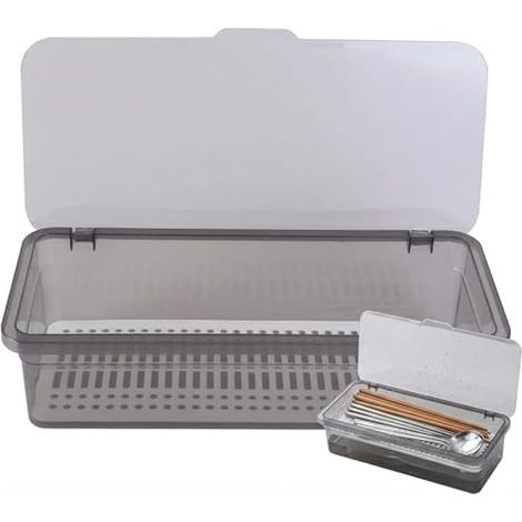 Boîte de rangement à couverts avec couvercle transparent – 28 x 13 x 7 cm – Plateau organisateur de tiroir fin en plastique – Baguettes Récipient égouttoir Ca-ddy pour ustensiles de cuisine