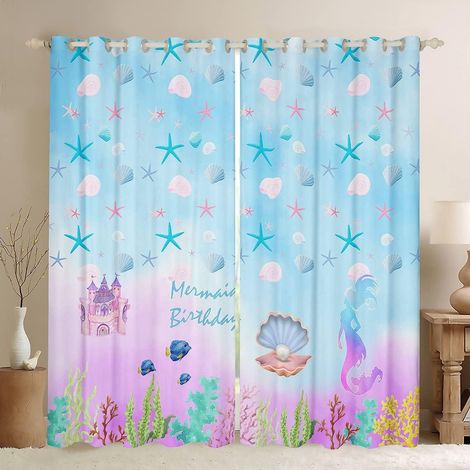 Rideaux de fenêtre château rose, rideau mignon motif sirène, rideaux de fenêtre aquarelle corail pour enfants, adolescents, garçons, jeunes hommes, décoration moderne pour chambre à - 46W54L inch2 (1/5)