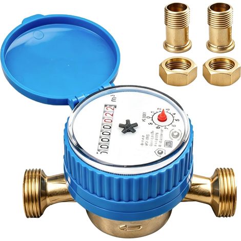 Compteur d'eau: 1/2 Pouce Horloge à Eau Froide, Compteur De Robinet avec Couvercle De Protection Et Connecteur en Laiton pour La Maison Le Jardin Et Un Usage Domestique (Bleu) (1/5)