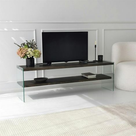 Banc TV bois anthracite et verre - 2 niveaux, 140 cm LHASA (1/5)