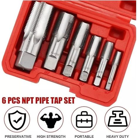 Coffret de 6 tarauds NPT pour tuyauterie – Acier au carbone – Tailles 1', 3/4', 1/2', 3/8', 1/4', 1/8' – Coupe précise pour nettoyage filetage (1/5)