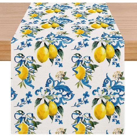 Chemin de Table Citron Orange Jaune Centre de Table Printemps Eté Courte Décoration de Table Blau Fleur Chemin de Table Lavable Cuisine Table à Manger Fête de Vacances 33x183 cm (1/5)