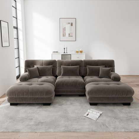 Modulares U-förmiges Ecksofa – 313 x 145 x 81 cm – ausziehbar mit Hockern – Chenille-Stoff – braun