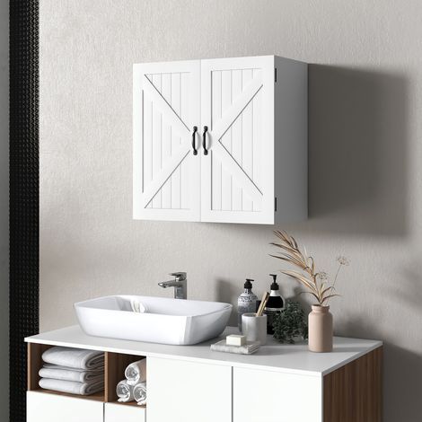 Wandschrank aus Holz im Landhausstil fürs Badezimmer mit verstellbarem Einlegeboden, 60 x 30 x 60 cm, weiß