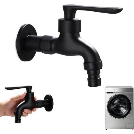 Robinet - Robinet pour lave-linge - Robinet de jardin - Robinet mural en métal - Robinet extérieur - Laiton - 10 cm x 9 cm - Noir - Raccordement simple - Résistant à la corrosion - Résistant à la roui (1/5)