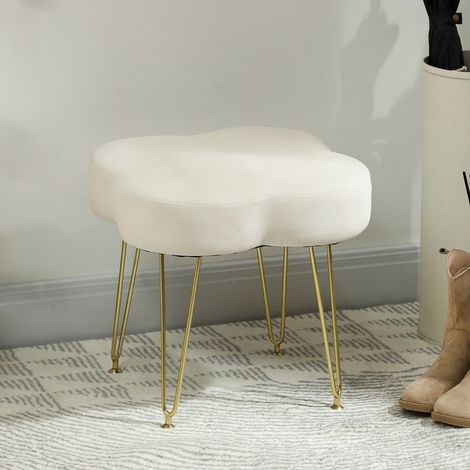 Pouf poggiapiedi imbottito a trifoglio, rivestito in poliestere, gambe in acciaio, bianco crema (1/5)