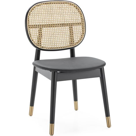 Stuhl 47x54x86 Schwarzes Holz/XH23B Leder Black/Natural Rattan/Gold Metall Möbel/Chaisspour Alle Stile, um dem Haus eine Note zu verleihen (1/5)