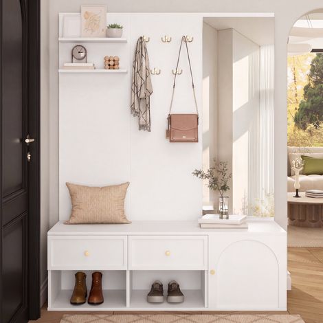 Set appendiabiti da ingresso 120x35x159 cm, con specchio, 5 ganci, cassetti e vani, truciolare, bianco (1/5)