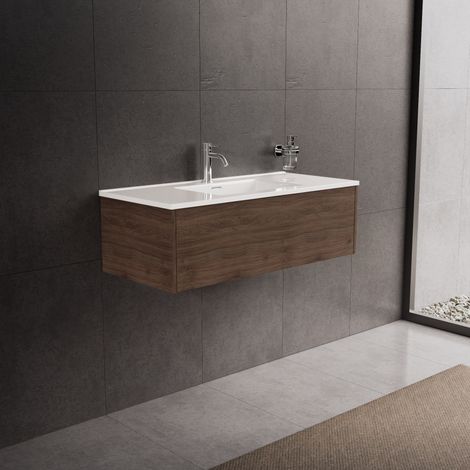 Inda - Badezimmerschrank 1 Schublade L.100 mit glänzendem Waschbecken / Braune Eiche - Diamante (1/5)